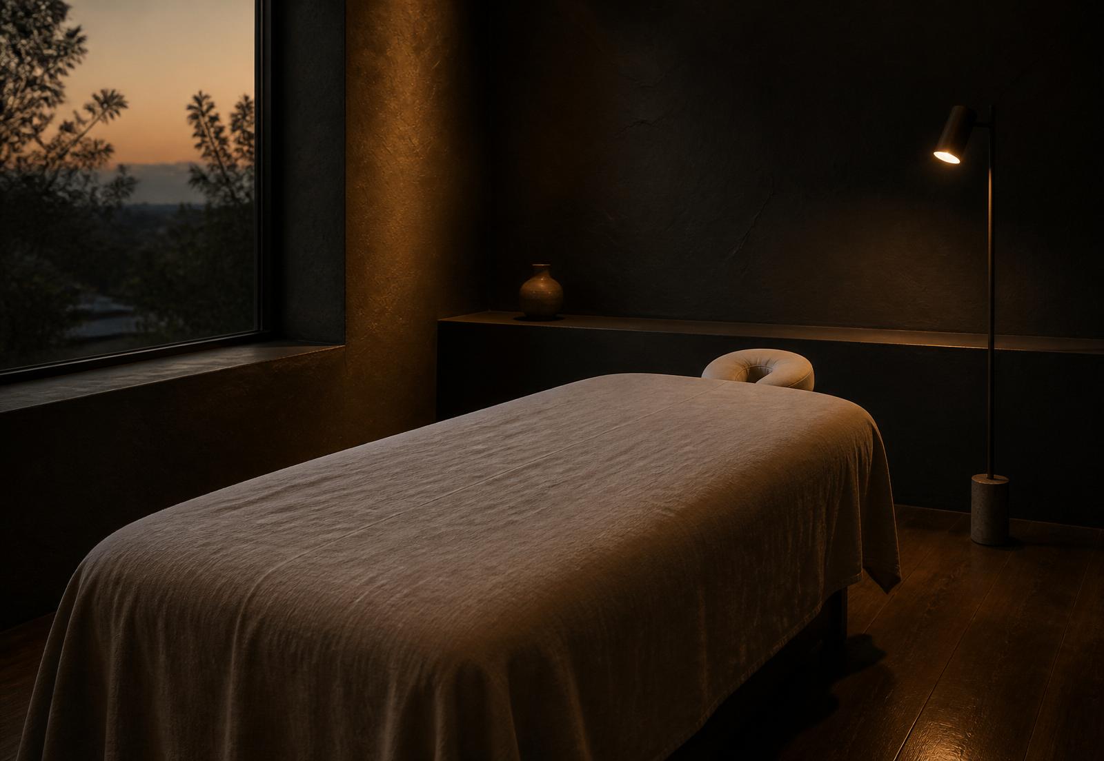 Softly lit treatment room prepared for a session